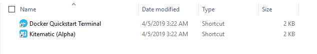 Screenshot of shortcuts for Docker Toolbox, after installation.