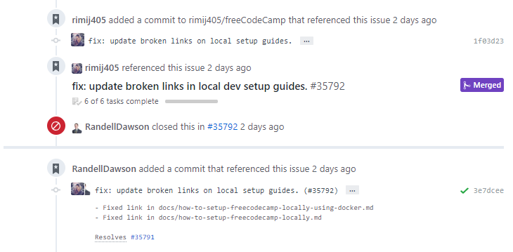 Screenshot of the issue showing the merged pull request.